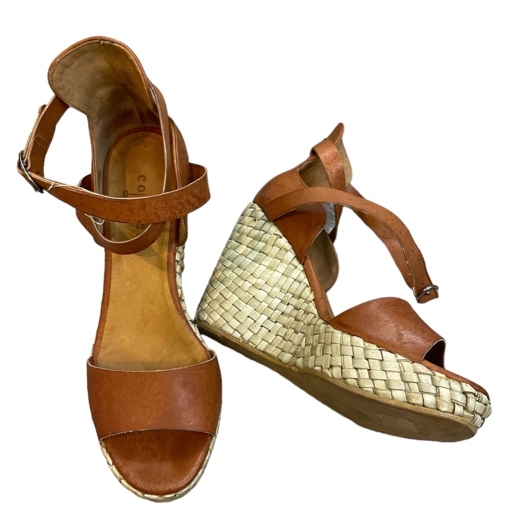 Coclico Leather and Rattan Platform Wedge Espadrille Size EU 38
